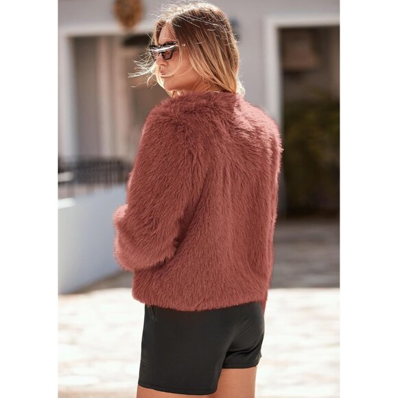 〽️Women's Rust Red PRETTYGARDEN Winter Cropped Faux Fur Warm Outerwear Jacket - Picture 5 of 8